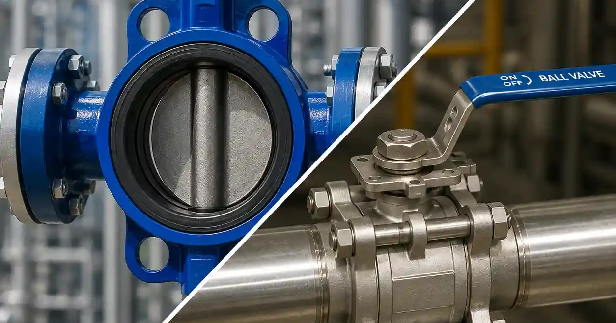 Split comparison of a lug-style butterfly valve and a three-piece stainless ball valve on industrial piping
