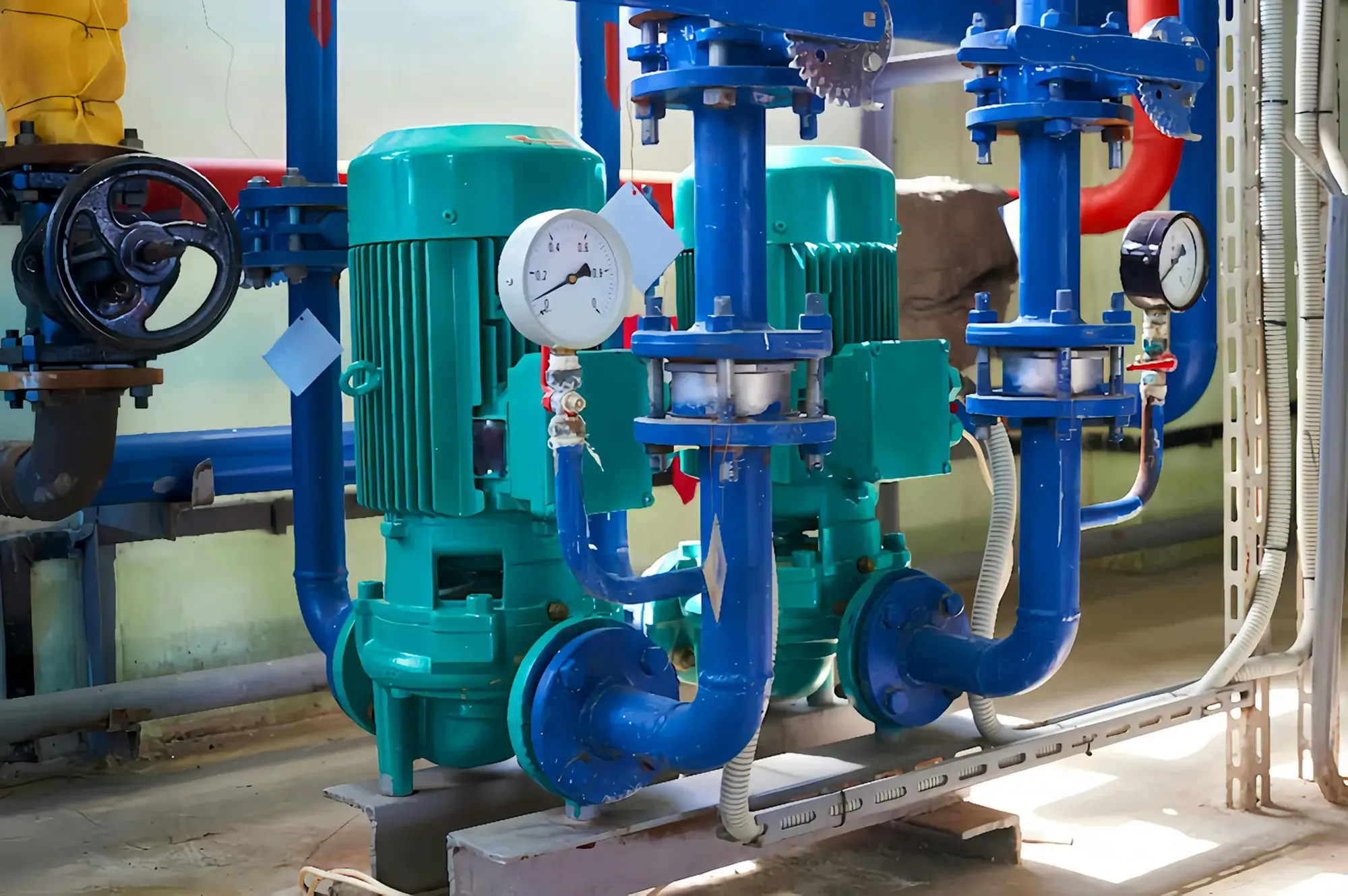 Operating twin pump set with piping and gauges