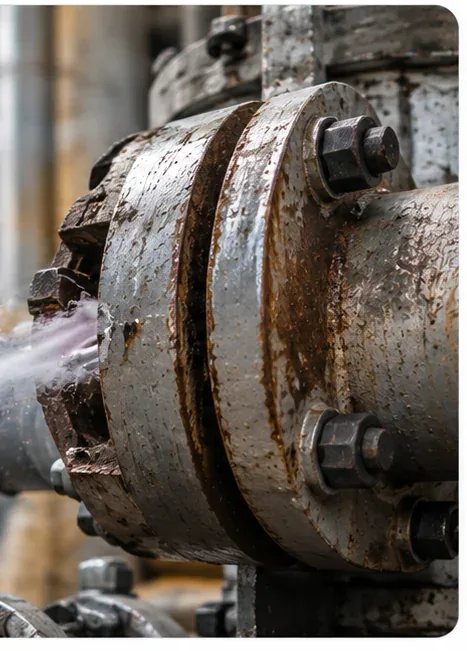 Steam escaping from a rusted industrial pipe flange