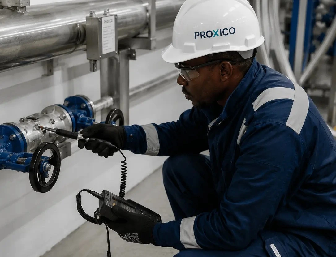 Industrial reliability engineer inspecting critical equipment during a plant walkdown in Kenya