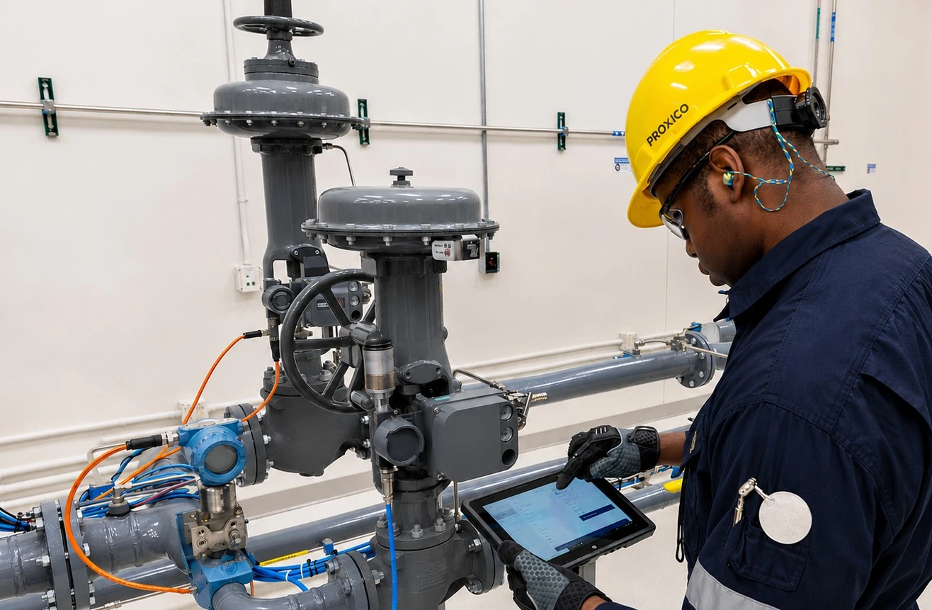Technician inspecting industrial valve automation equipment